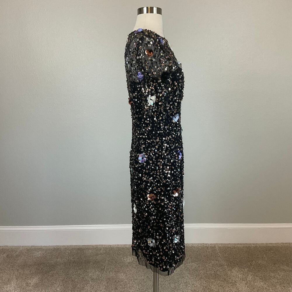 Adrianna Papell Sequined Floral Midi Sheath Cocktail Dress Sparkly Black Size 4 - Picture 4 of 11